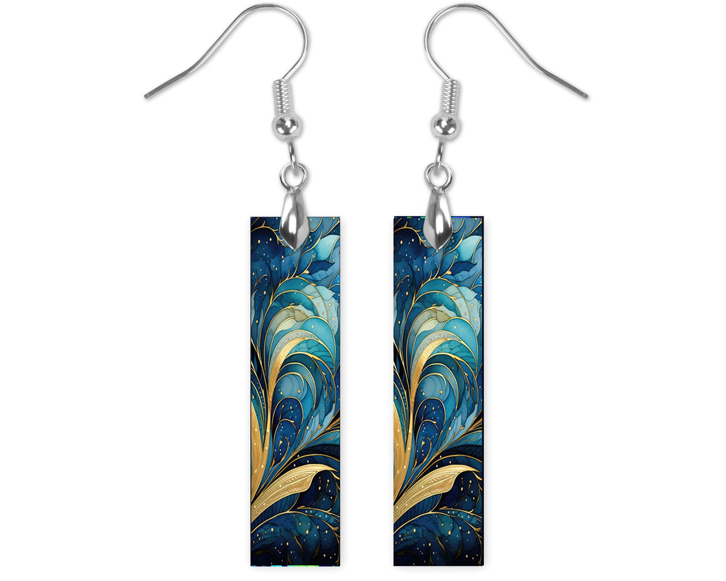 Blue Ripple Earrings, Printed Wood Dangle Earrings Hypoallergenic Jewelry Handmade