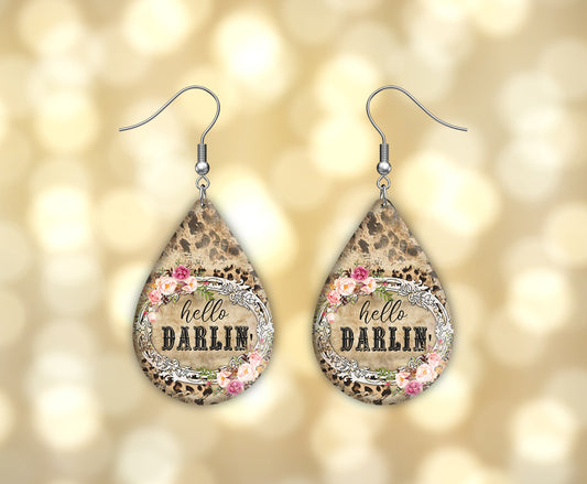 Hello Darlin' Print Earrings Print Tear Drop Wood Dangle Earrings Hypoallergenic Jewelry