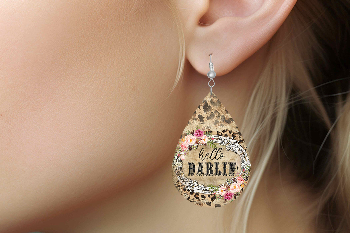 Hello Darlin' Print Earrings Print Tear Drop Wood Dangle Earrings Hypoallergenic Jewelry