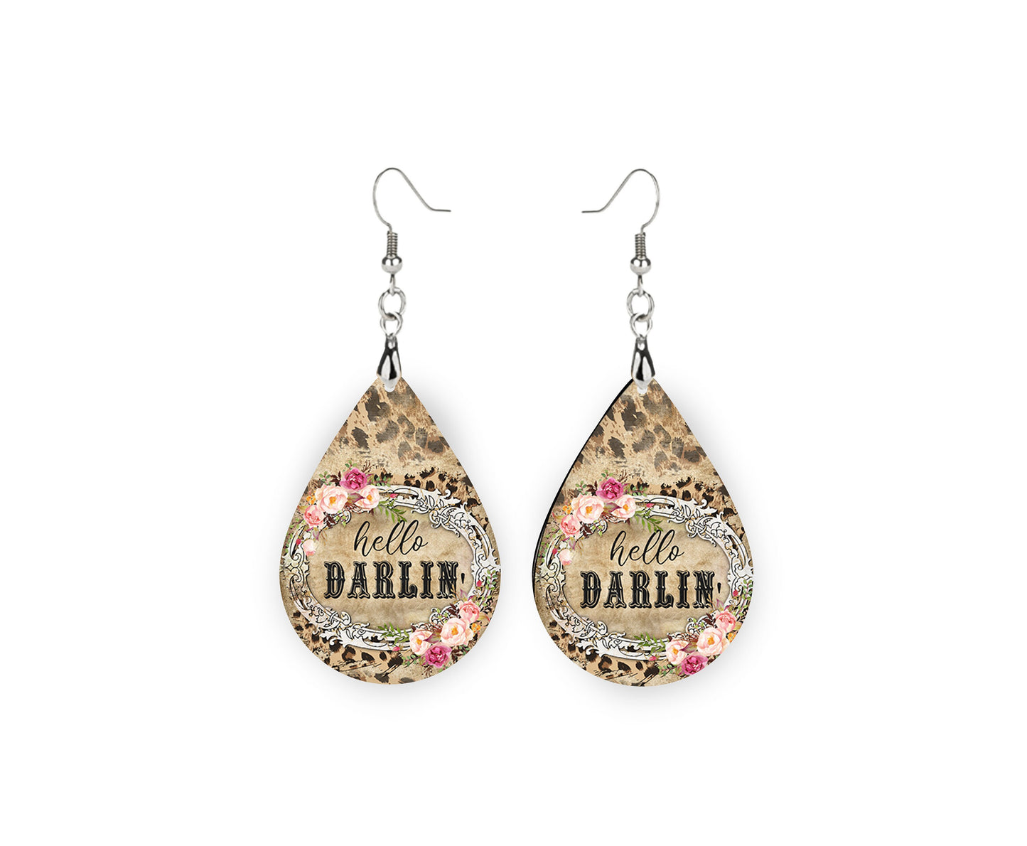 Hello Darlin' Print Earrings Print Tear Drop Wood Dangle Earrings Hypoallergenic Jewelry