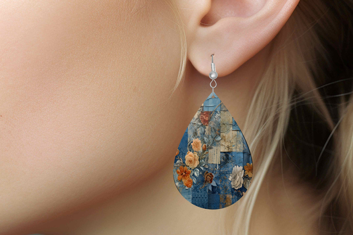 Indigo Copper Patchwork Print Earrings Print Tear Drop Wood Dangle Earrings Hypoallergenic Jewelry