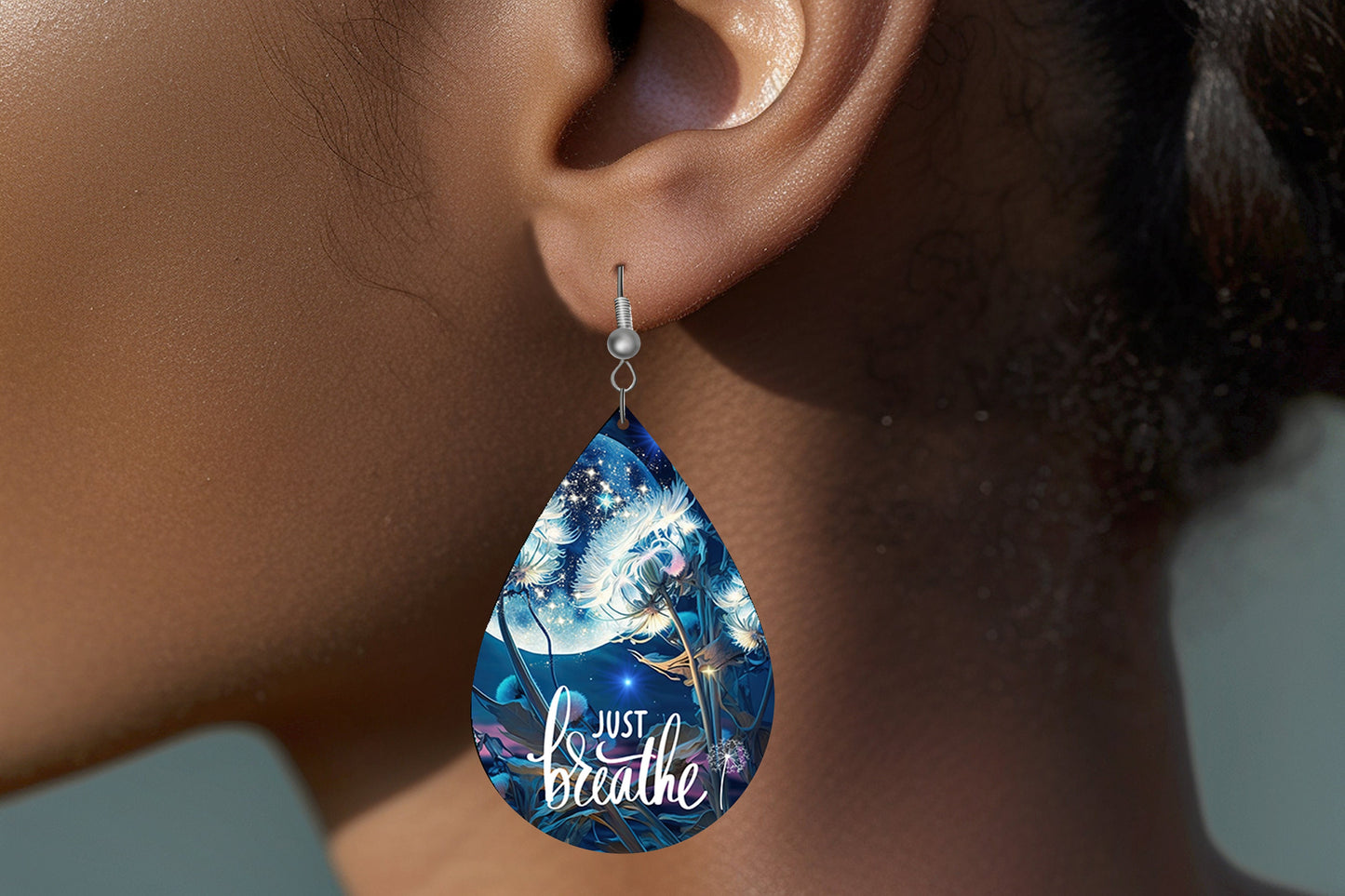 Just Breathe Moon Print Earrings Print Tear Drop Wood Dangle Earrings Hypoallergenic Jewelry