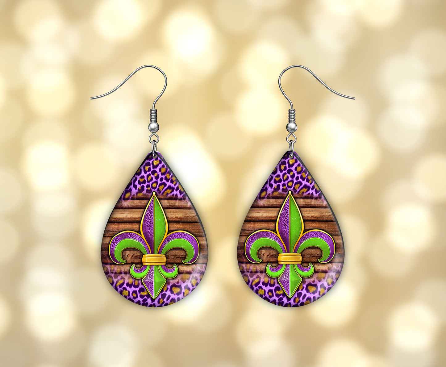 Mardi Gras Fleur de Lis Earrings Print Tear Drop Wood Dangle Earrings Hypoallergenic Jewelry