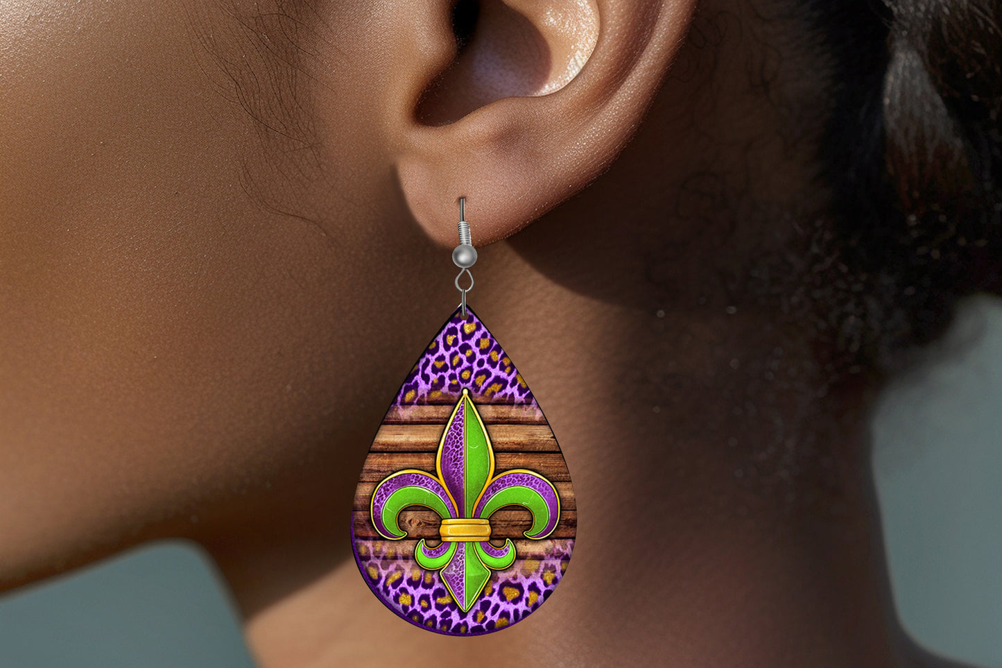 Mardi Gras Fleur de Lis Earrings Print Tear Drop Wood Dangle Earrings Hypoallergenic Jewelry