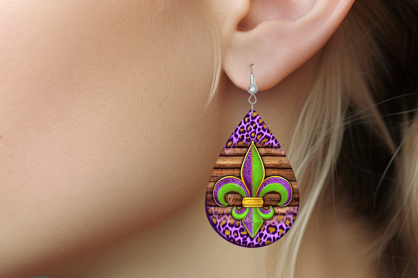 Mardi Gras Fleur de Lis Earrings Print Tear Drop Wood Dangle Earrings Hypoallergenic Jewelry