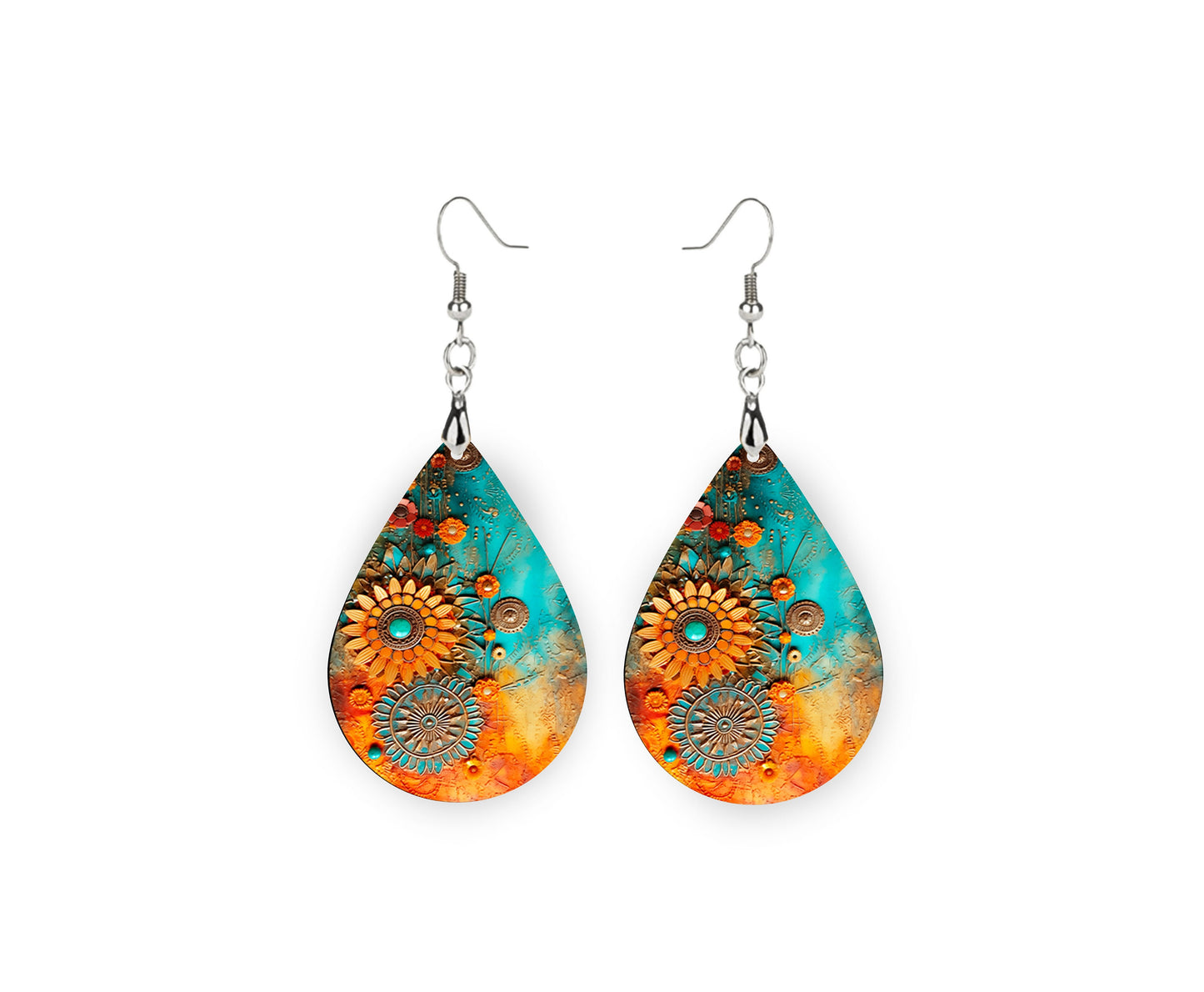 Orange Turquoise Floral Earrings Print Tear Drop Wood Dangle Earrings Hypoallergenic Jewelry