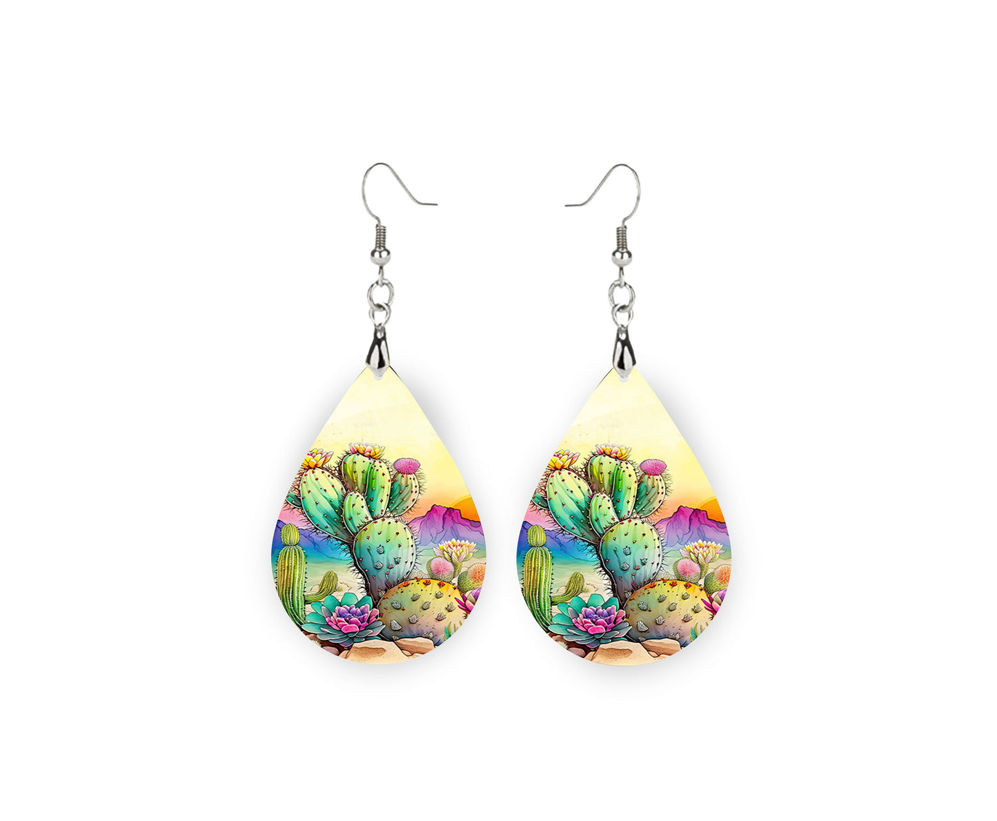 Pastel Desert Earrings Print Tear Drop Wood Dangle Earrings Hypoallergenic Jewelry