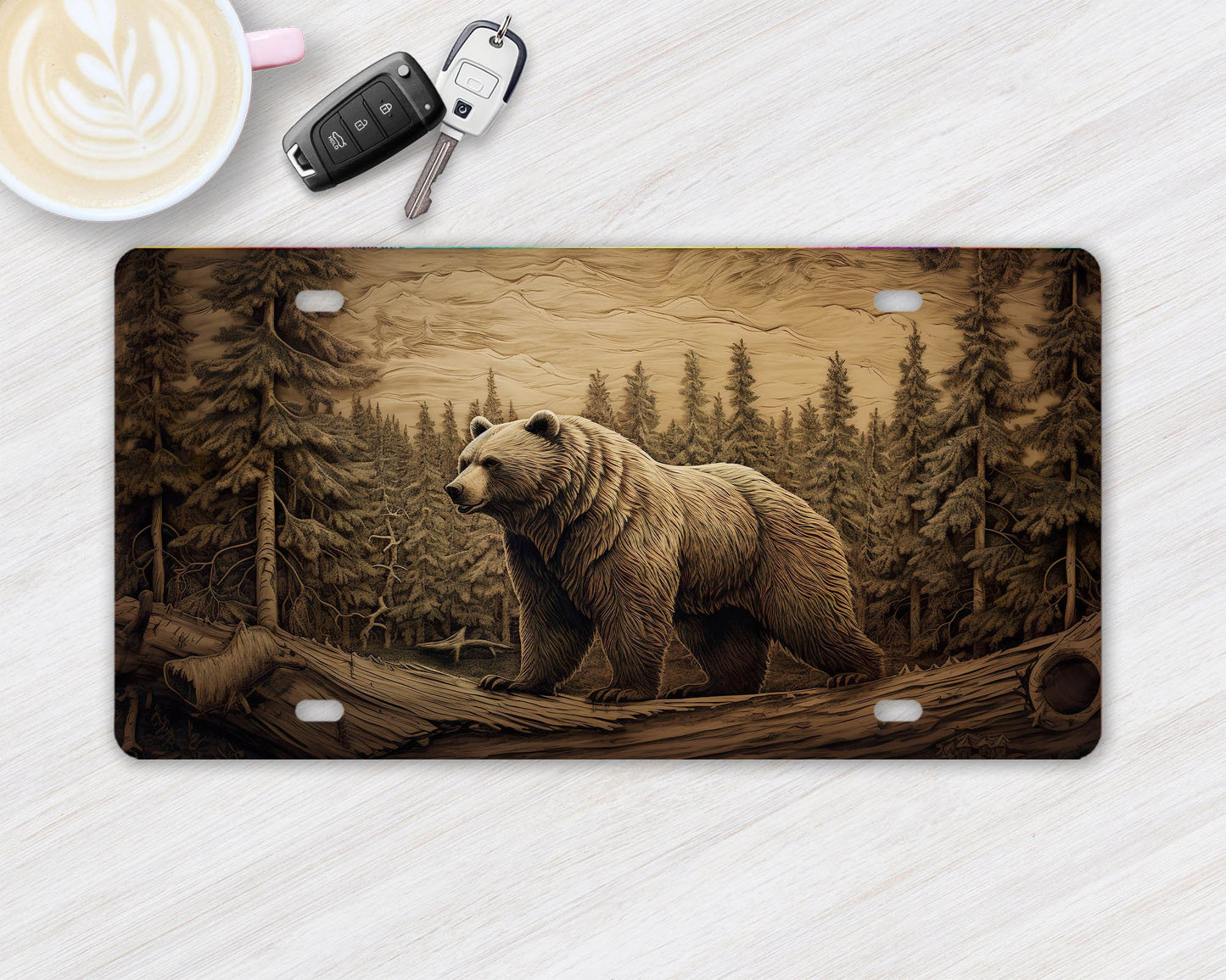 Vanity Front License Plate, Wood Carve Bear Aluminum Vanity License Plate Car Accessory Decorative Front Plate