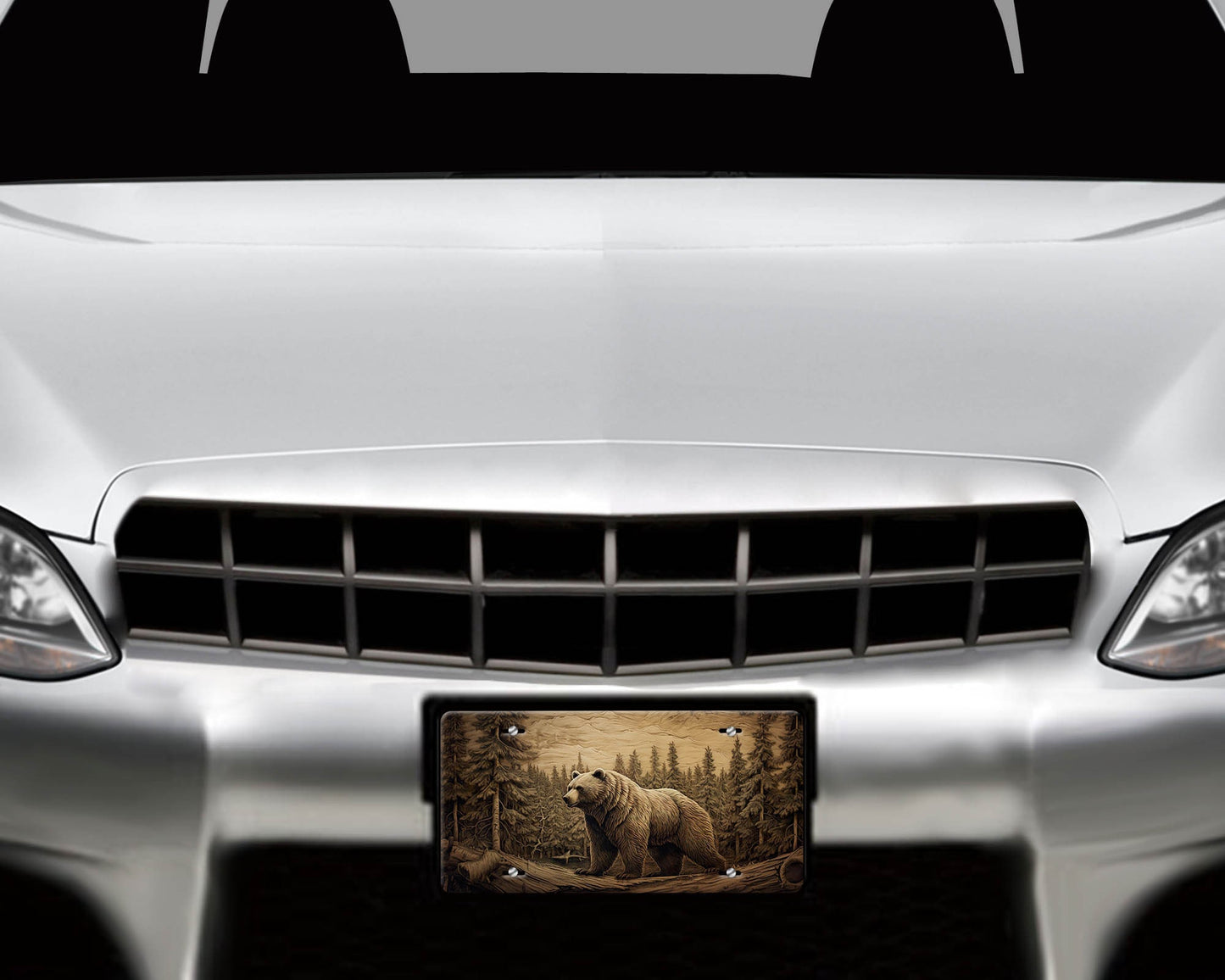 Vanity Front License Plate, Wood Carve Bear Aluminum Vanity License Plate Car Accessory Decorative Front Plate