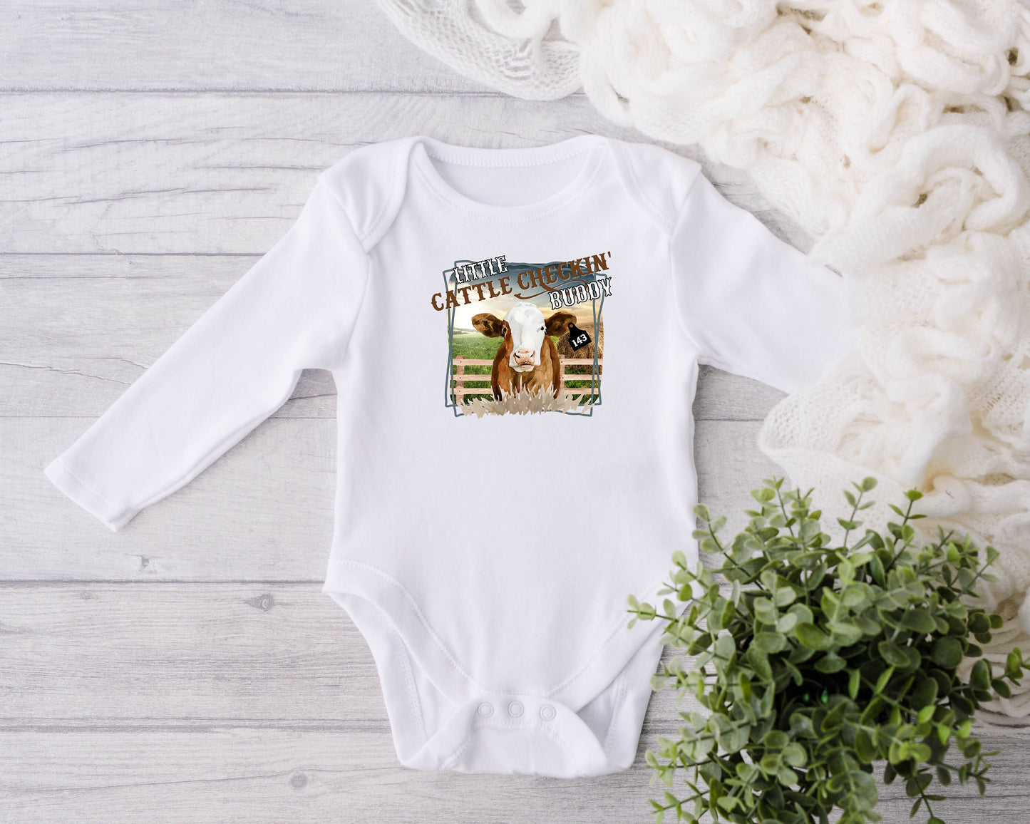 Baby Bodysuit, Little Cattle Checking Buddy One Piece Baby Suit, Baby Gift, Long / Short Sleeve, 0-18 Months size