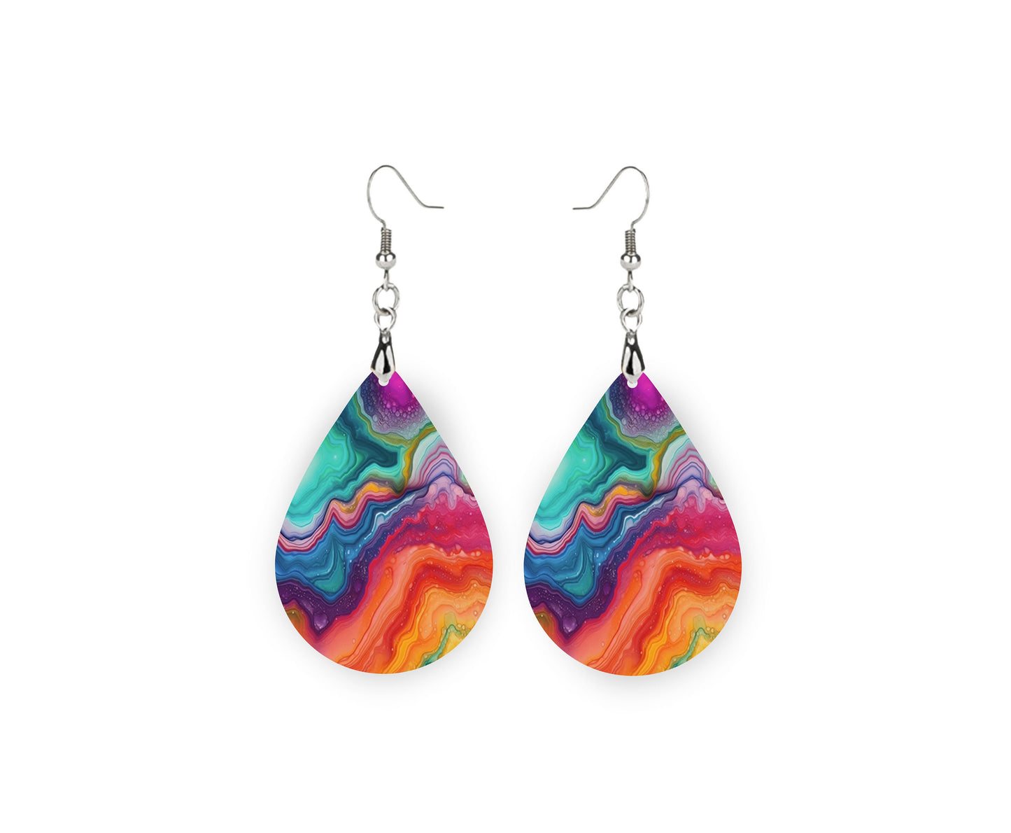 Rainbow Marble Print Earrings Print Tear Drop Wood Dangle Earrings Hypoallergenic Jewelry