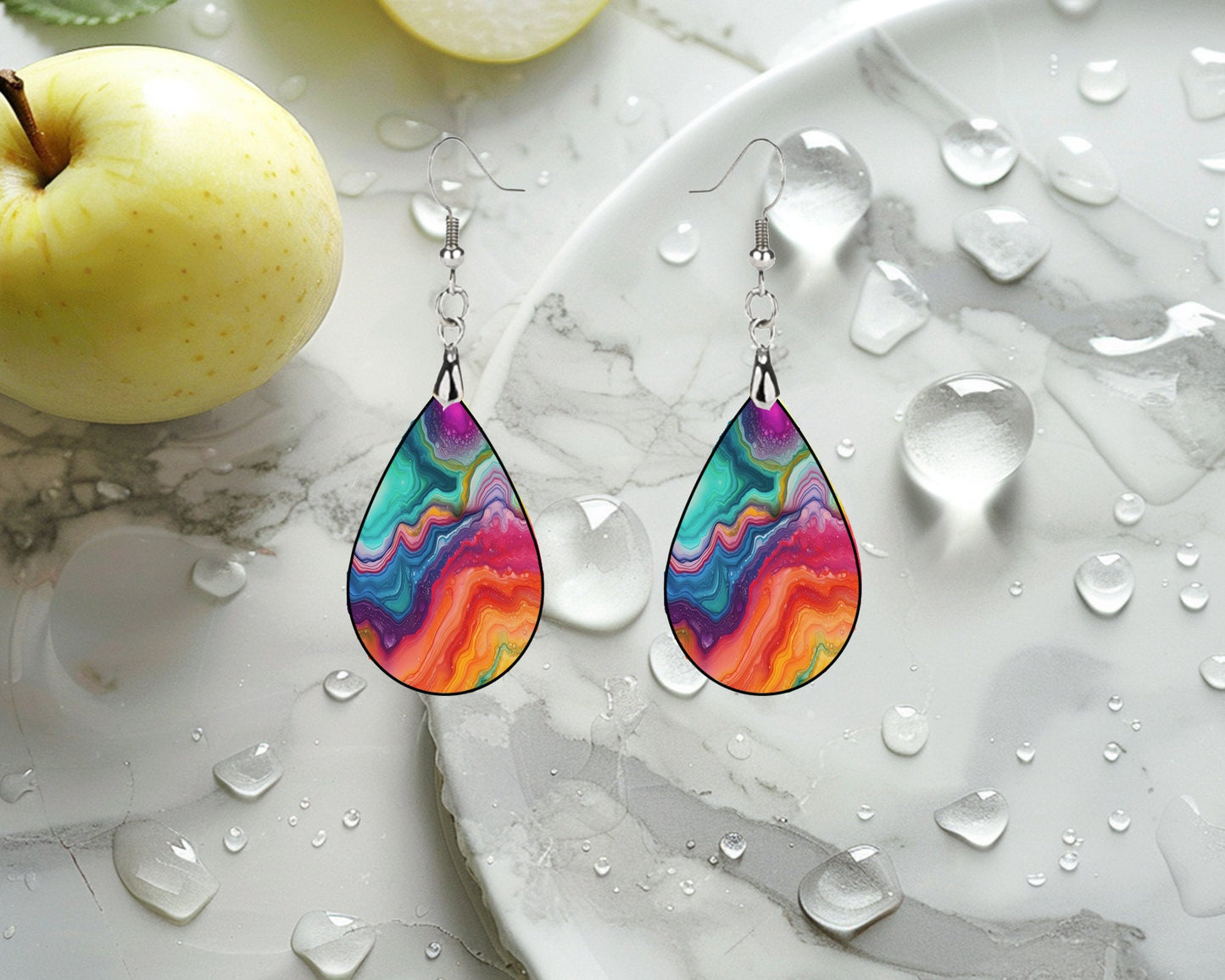 Rainbow Marble Print Earrings Print Tear Drop Wood Dangle Earrings Hypoallergenic Jewelry