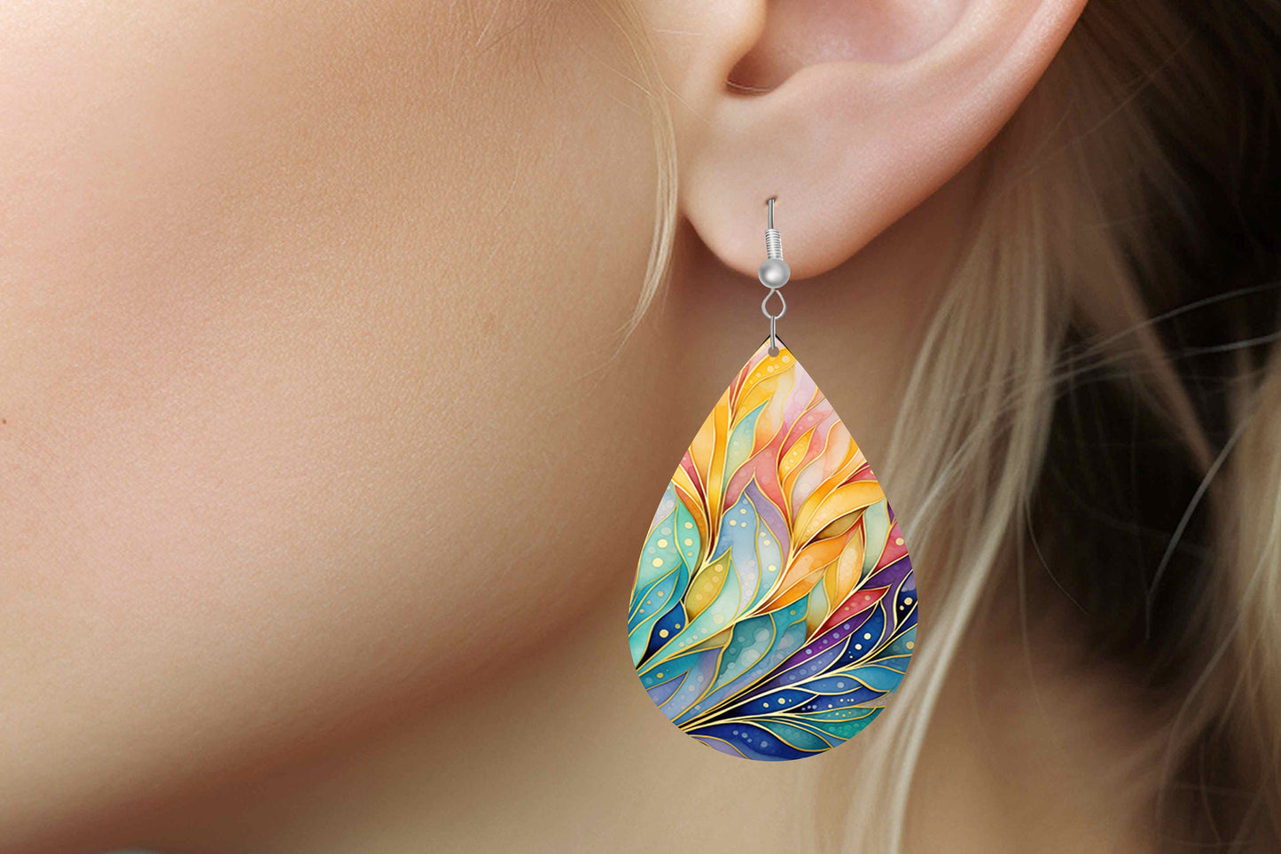 Rainbow Palm Leaves Print Earrings Print Tear Drop Wood Dangle Earrings Hypoallergenic Jewelry