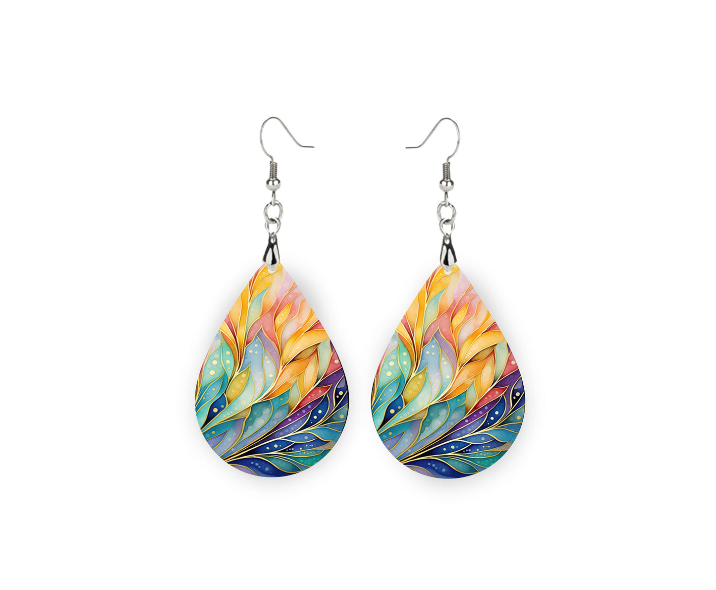 Rainbow Palm Leaves Print Earrings Print Tear Drop Wood Dangle Earrings Hypoallergenic Jewelry