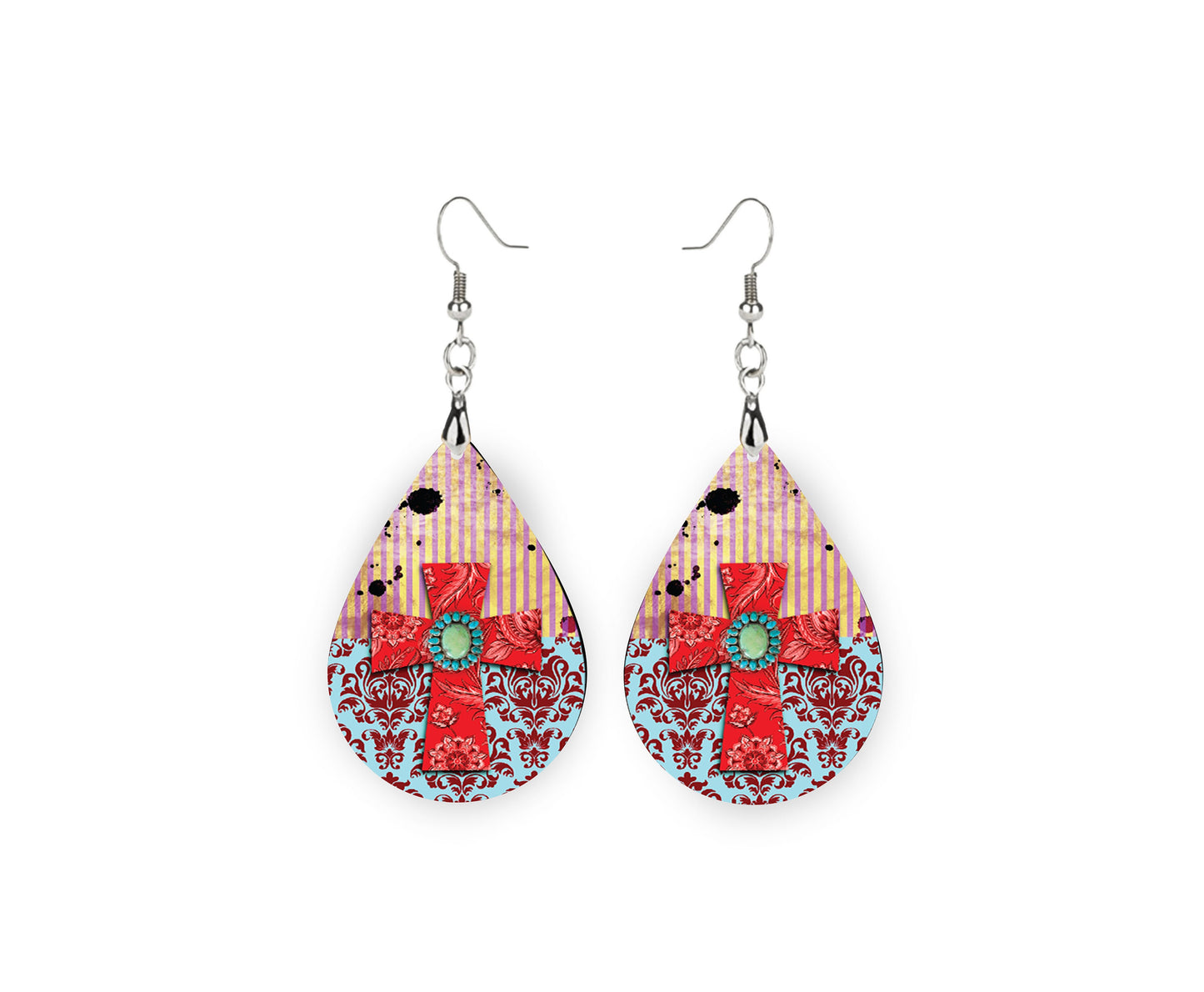 Red Bandana Cross Earrings Print Tear Drop Wood Dangle Earrings Hypoallergenic Jewelry