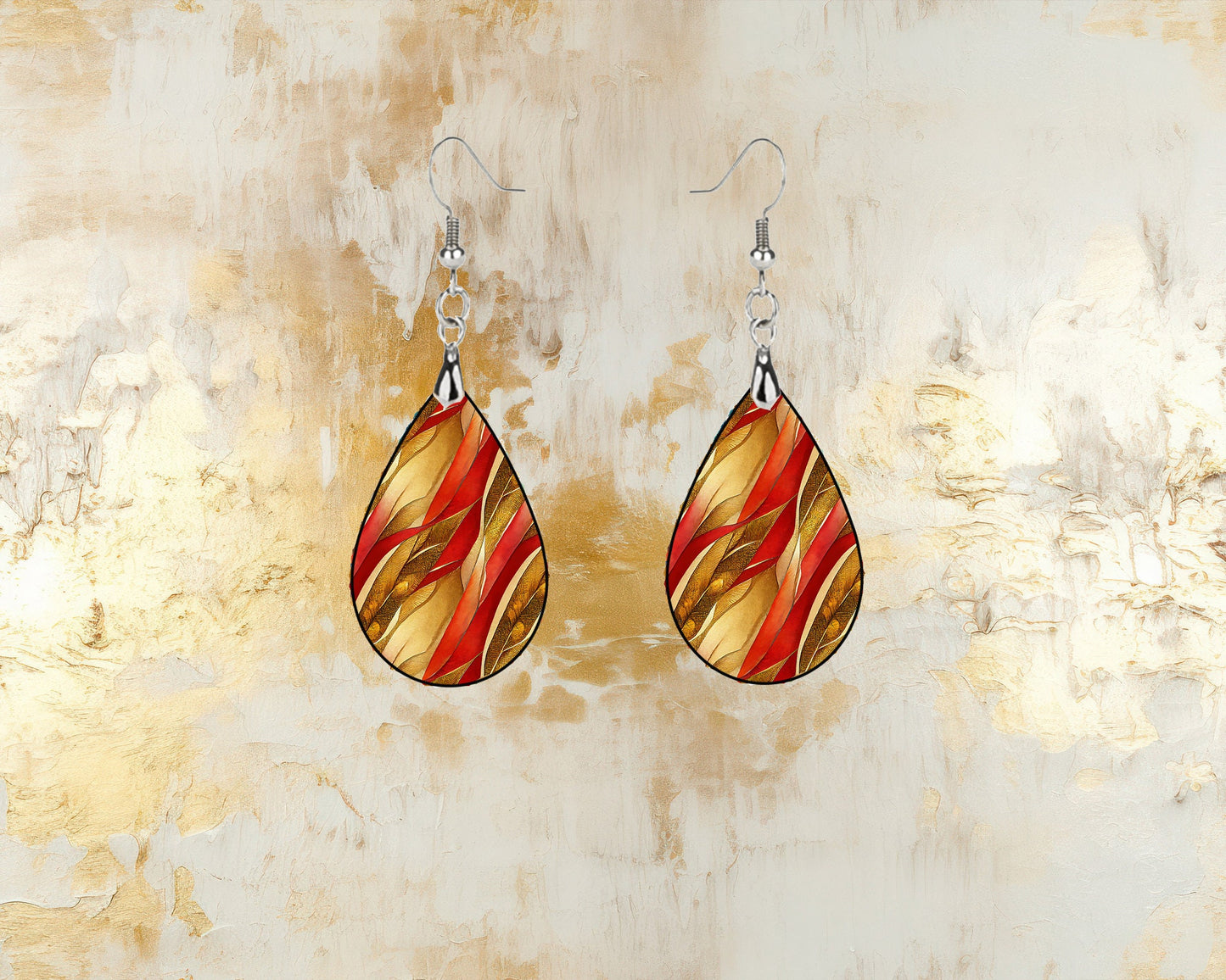 Red and Gold Art Nouveau Earrings Print Tear Drop Wood Dangle Earrings Hypoallergenic Jewelry