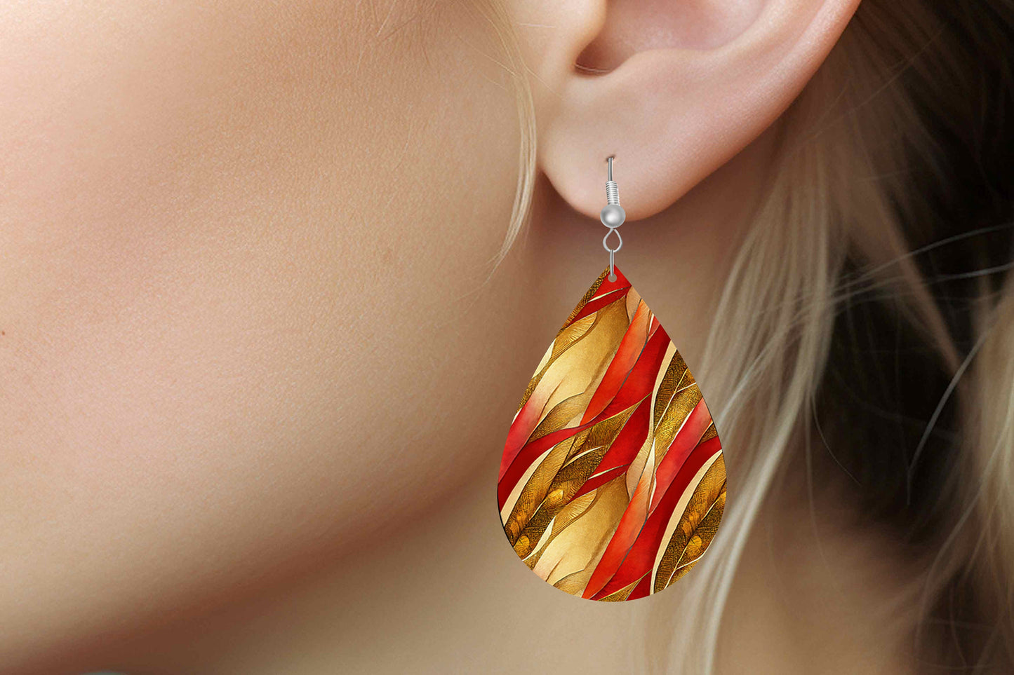 Red and Gold Art Nouveau Earrings Print Tear Drop Wood Dangle Earrings Hypoallergenic Jewelry