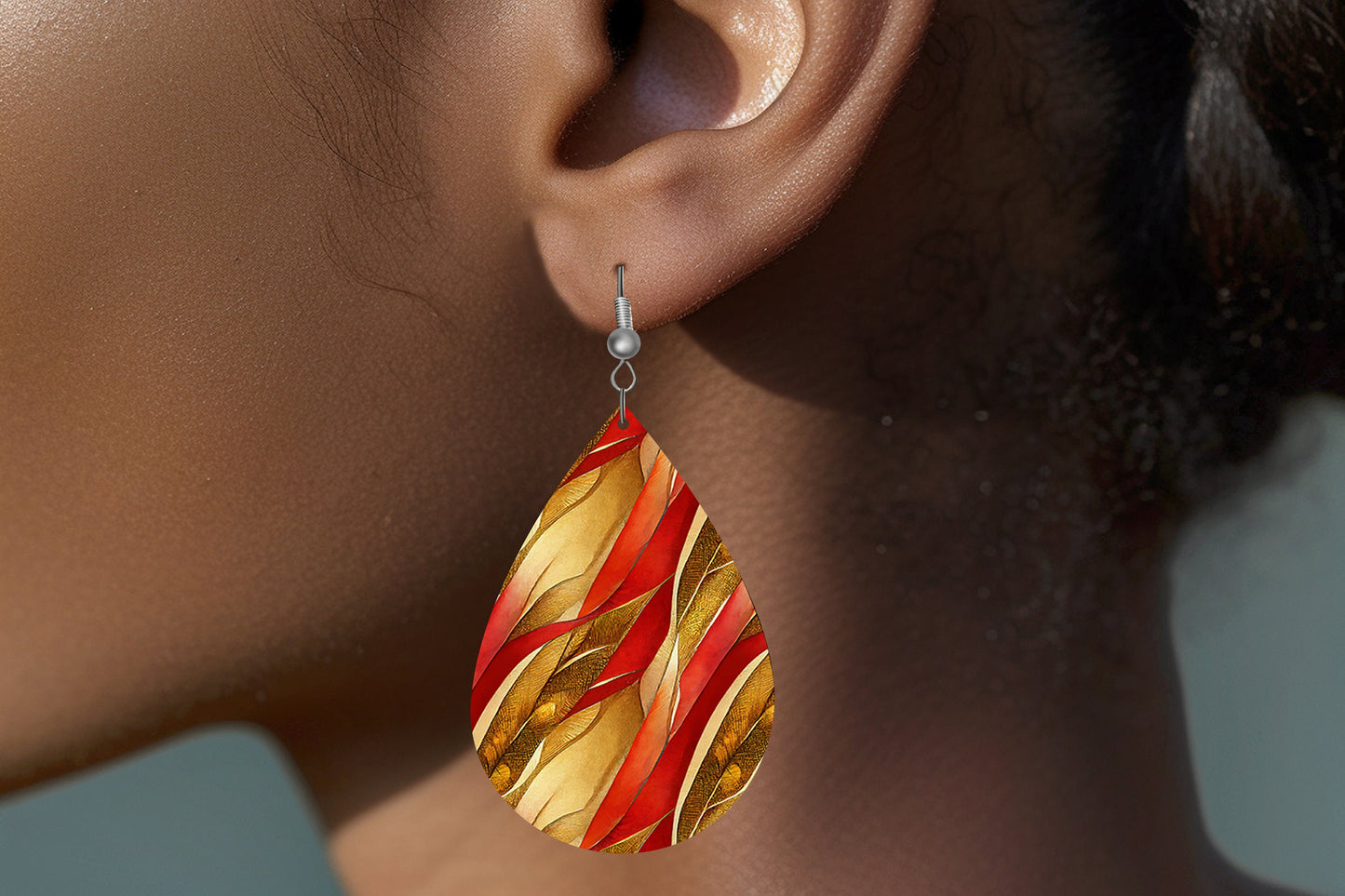 Red and Gold Art Nouveau Earrings Print Tear Drop Wood Dangle Earrings Hypoallergenic Jewelry