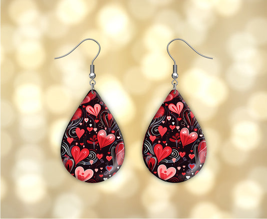 Red Hearts on Black Earrings Print Tear Drop Wood Dangle Earrings Hypoallergenic Jewelry