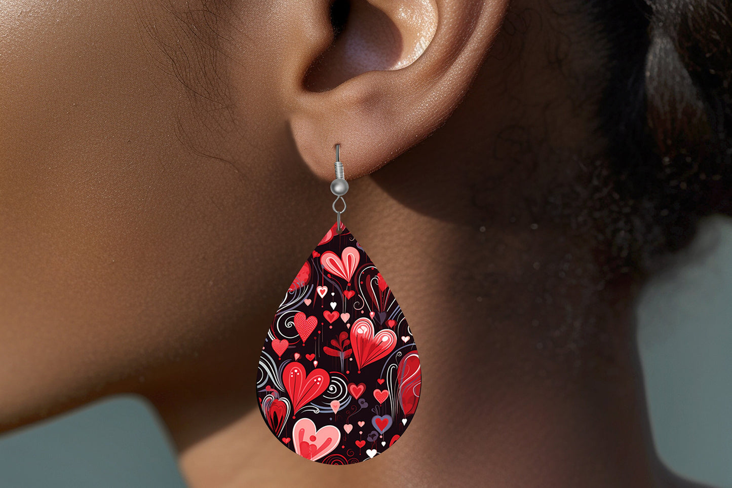 Red Hearts on Black Earrings Print Tear Drop Wood Dangle Earrings Hypoallergenic Jewelry