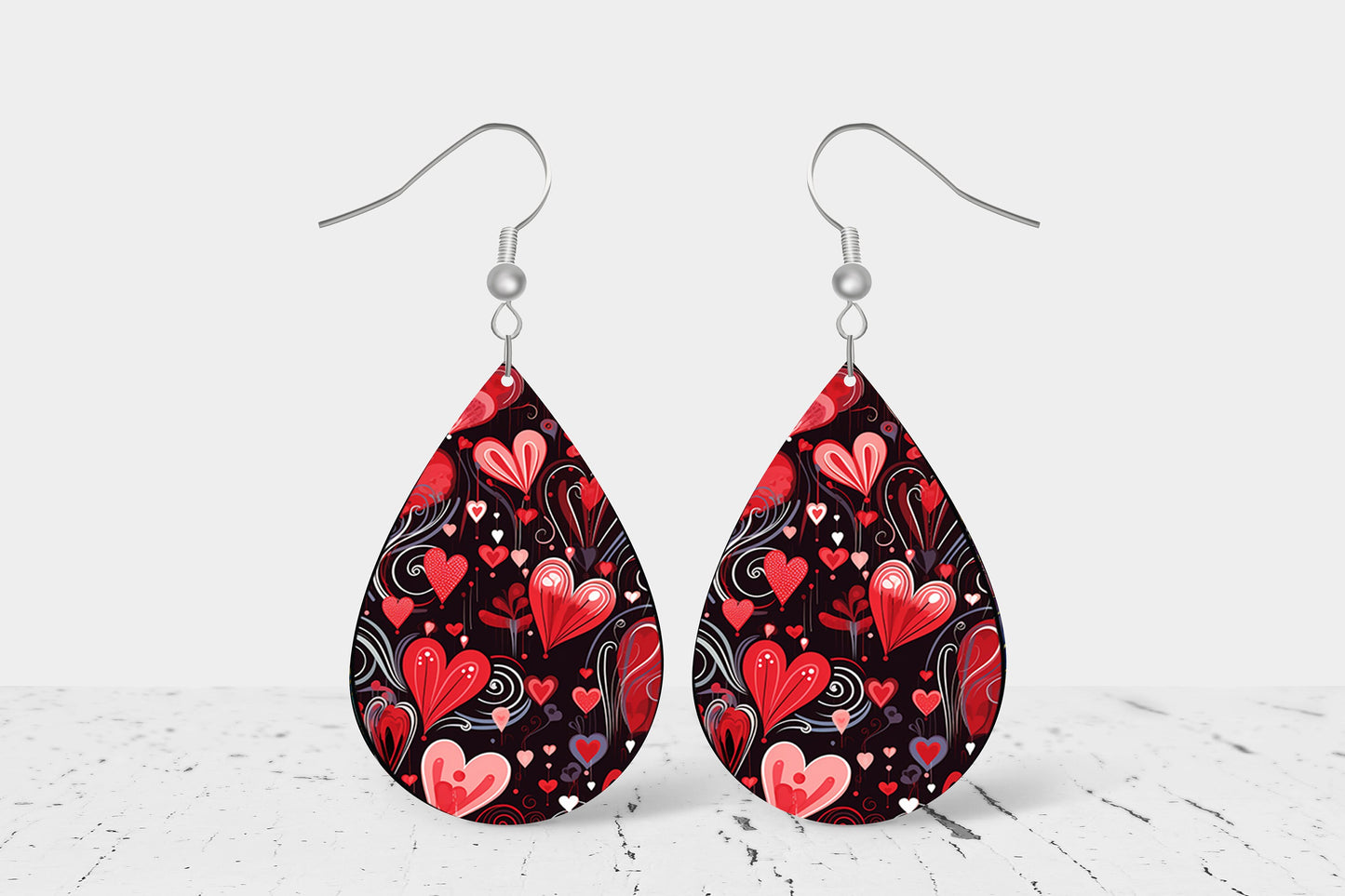 Red Hearts on Black Earrings Print Tear Drop Wood Dangle Earrings Hypoallergenic Jewelry