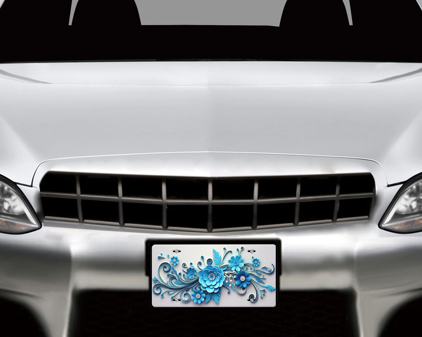 Vanity Front License Plate, Blue Flower Swirl Aluminum Vanity License Plate Car Accessory Decorative Front Plate