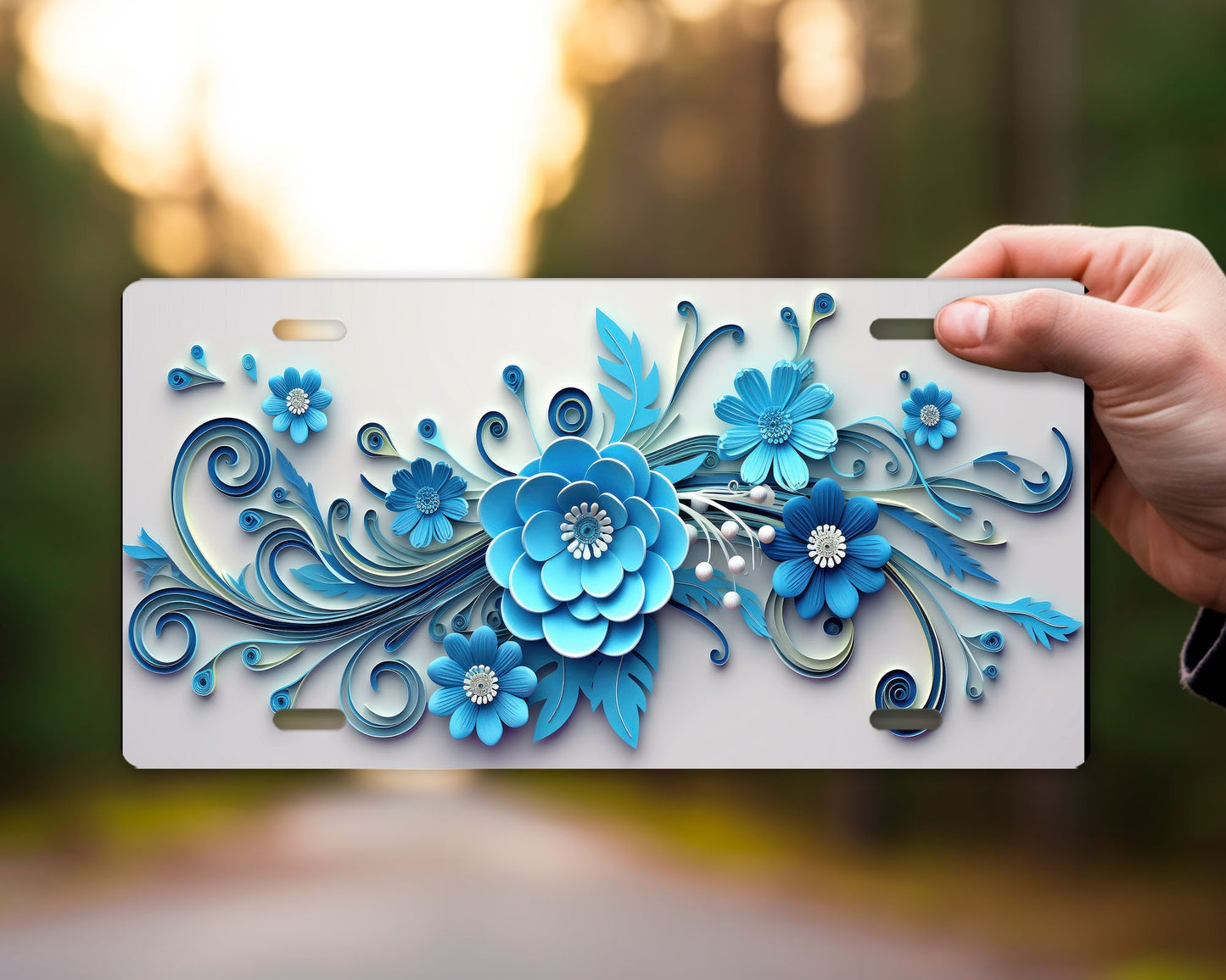 Vanity Front License Plate, Blue Flower Swirl Aluminum Vanity License Plate Car Accessory Decorative Front Plate