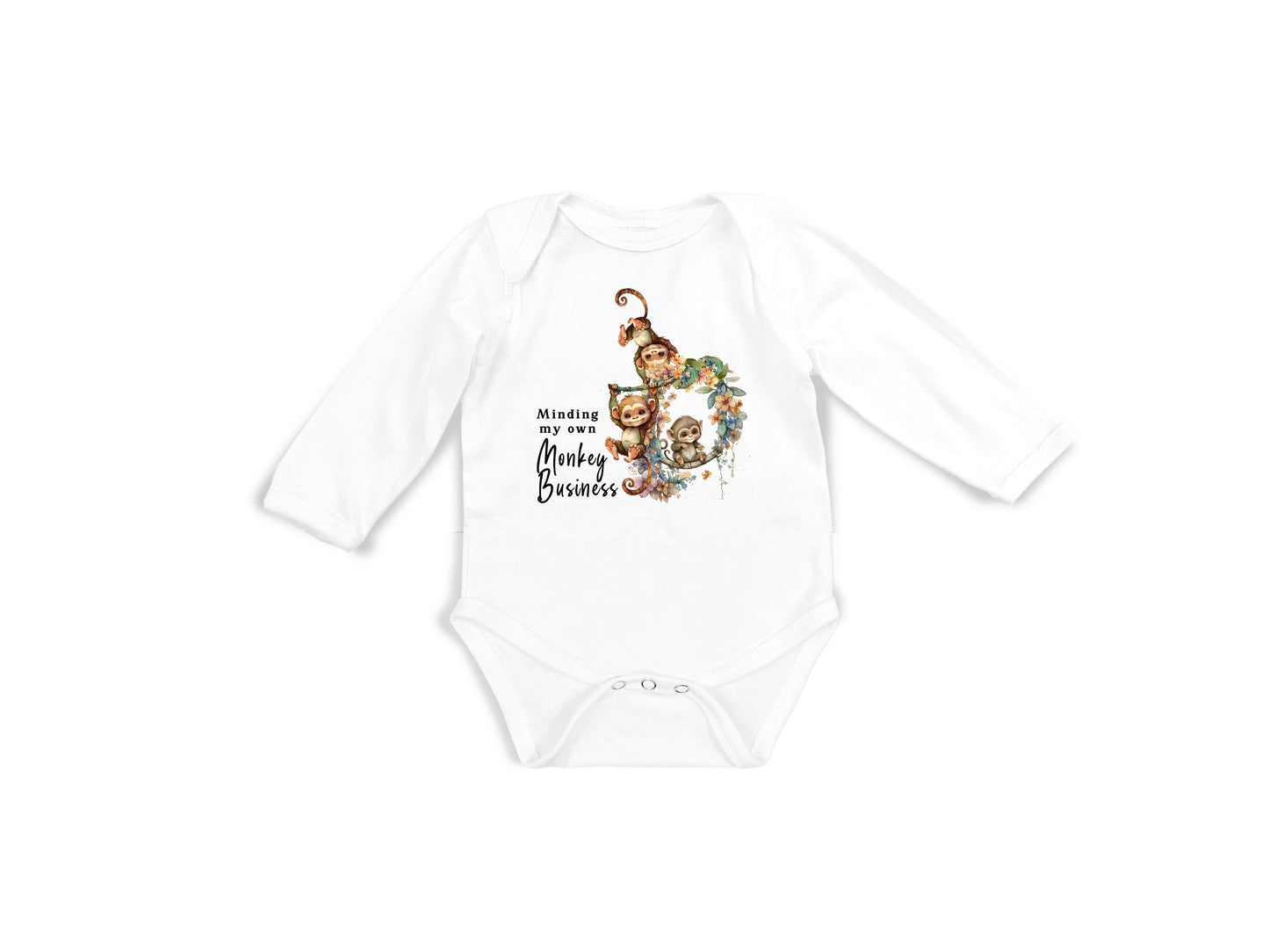 Baby Bodysuit, Minding My Own Monkey Business One Piece Baby Suit, Baby Gift, Long / Short Sleeve, 0-18 Months size