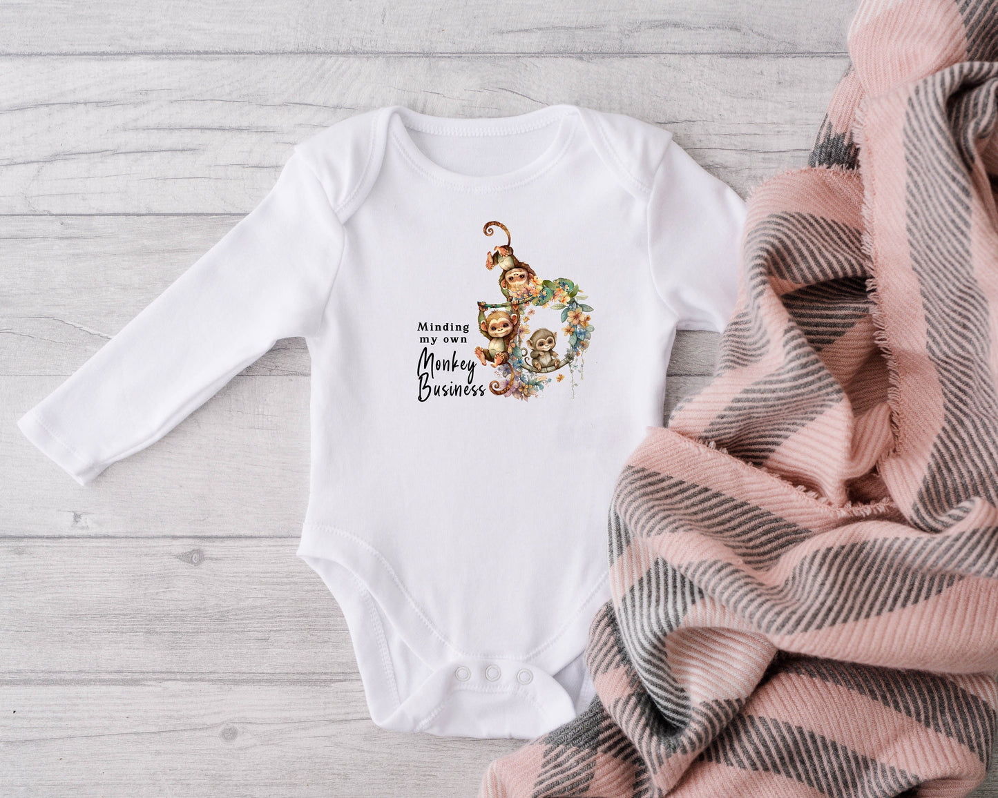 Baby Bodysuit, Minding My Own Monkey Business One Piece Baby Suit, Baby Gift, Long / Short Sleeve, 0-18 Months size