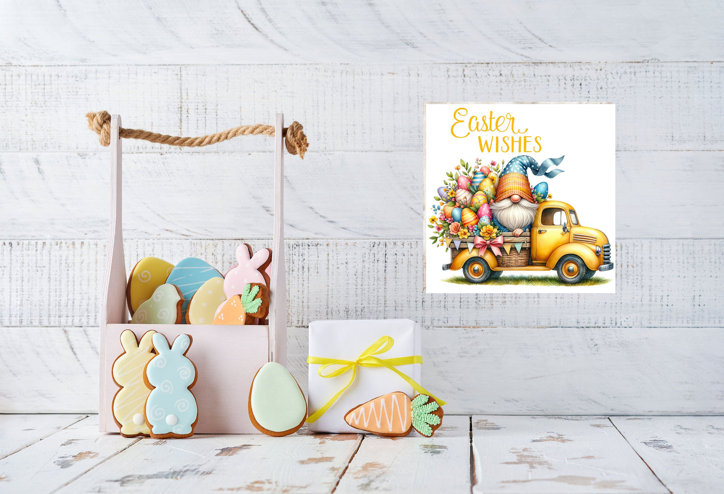 Easter Sign, Easter Wishes Yellow Truck Hanging Wall Mini Sign Wood Home Decor, Door Hanger, Wreath Sign