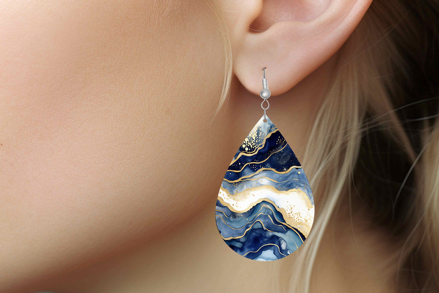 Blue White and Gold Marble Print Earrings, Teardrop Dangle Printed Earrings Jewelry Handmade