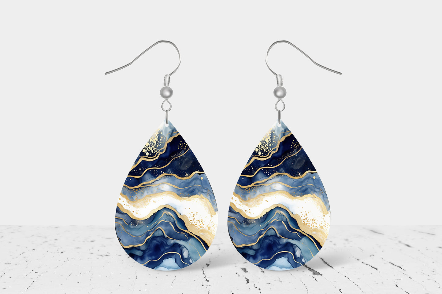 Blue White and Gold Marble Print Earrings, Teardrop Dangle Printed Earrings Jewelry Handmade