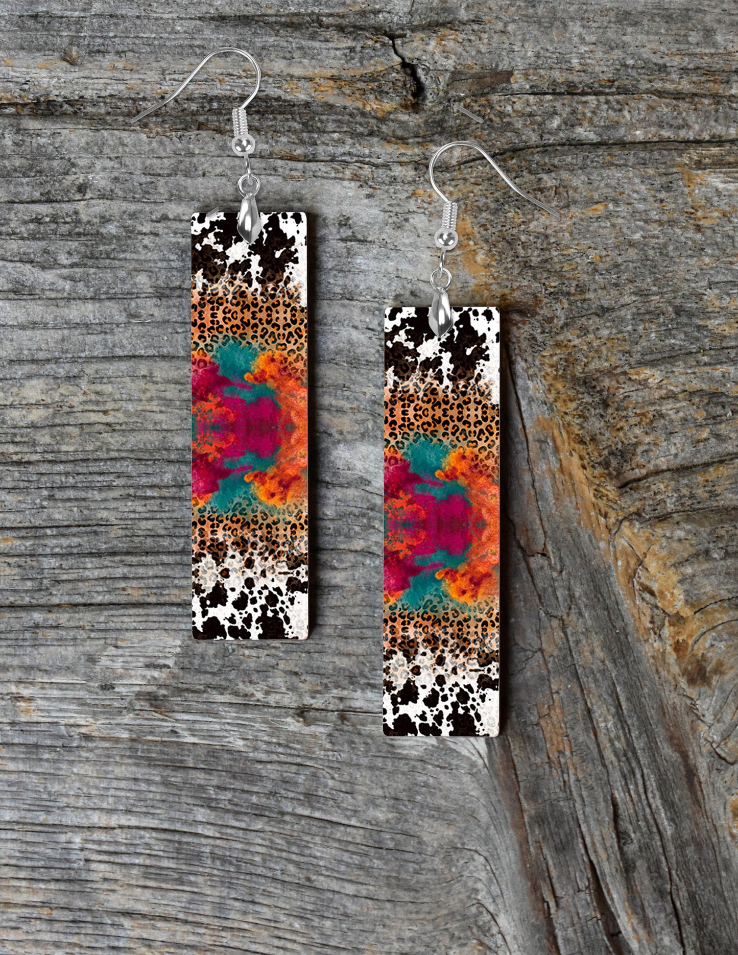 Cowhide and Leopard Print Bar Earrings, Printed Wood Dangle Earrings Hypoallergenic Jewelry Handmade