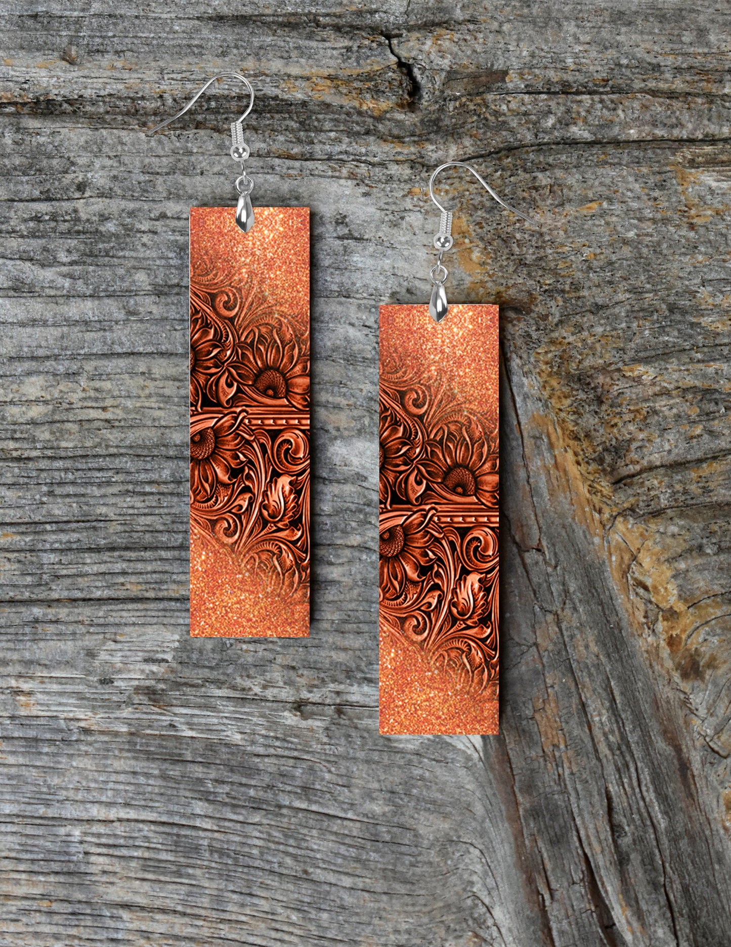 Tooled Leather Print Bar Earrings, Printed Wood Dangle Earrings Hypoallergenic Jewelry Handmade