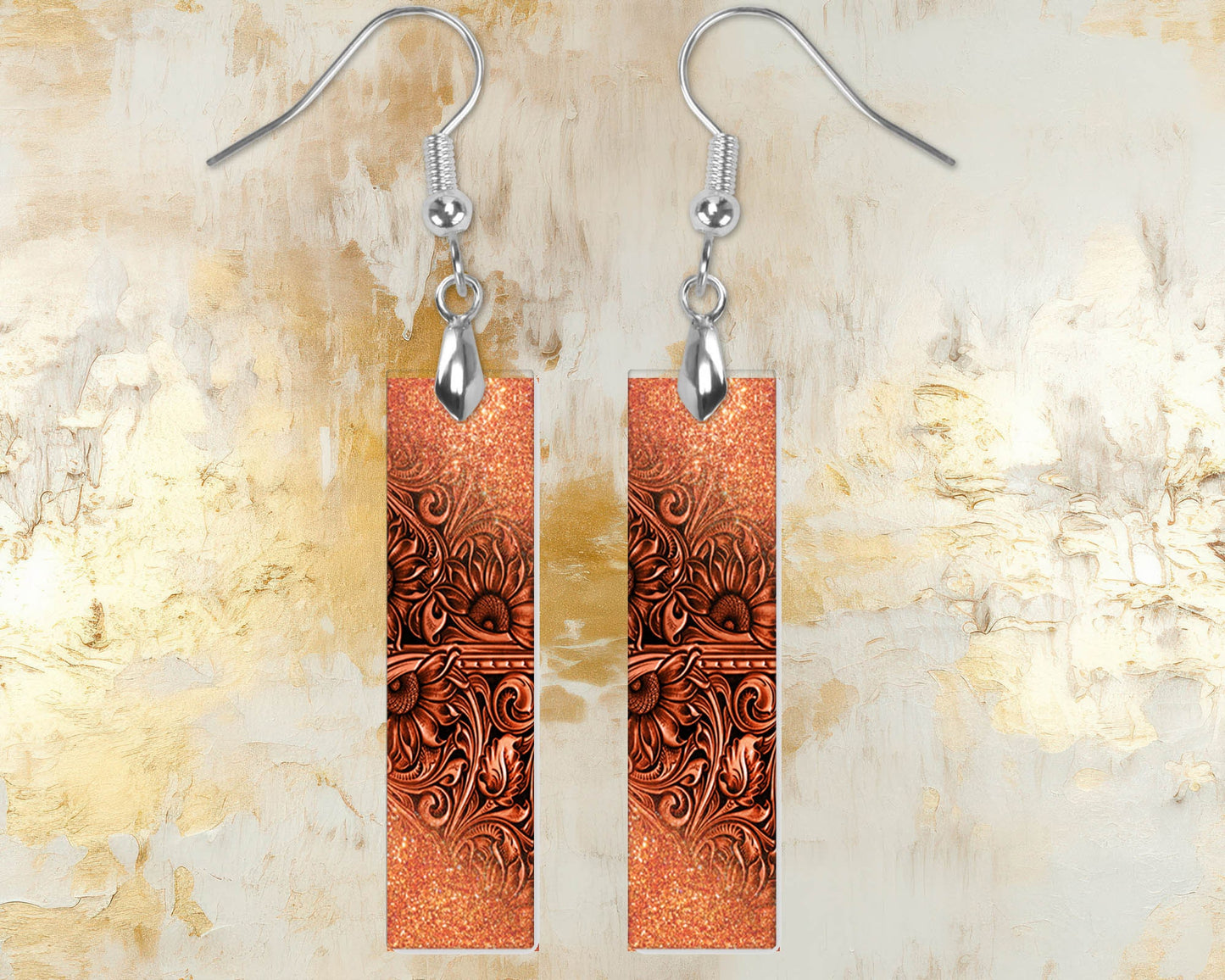 Tooled Leather Print Bar Earrings, Printed Wood Dangle Earrings Hypoallergenic Jewelry Handmade