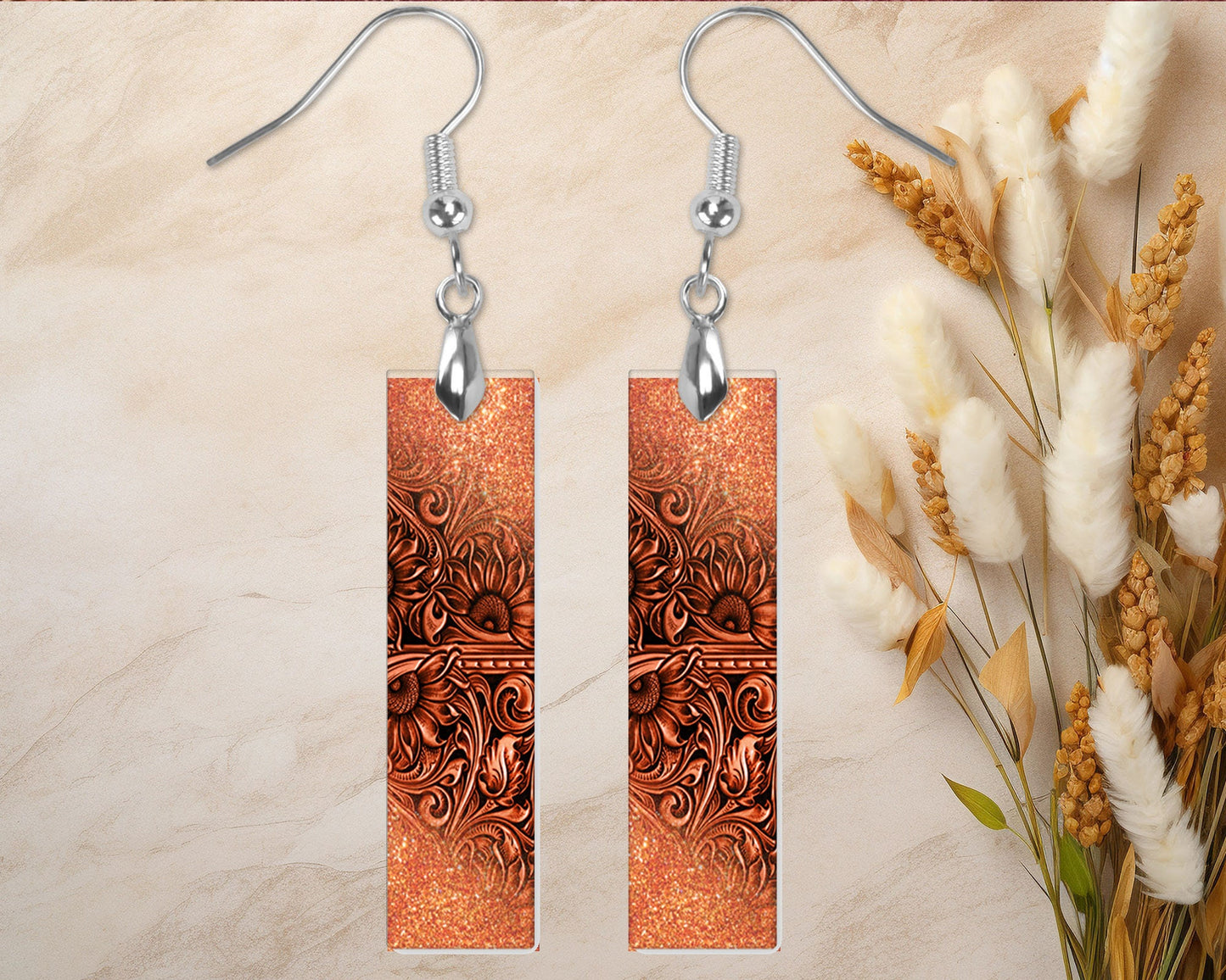 Tooled Leather Print Bar Earrings, Printed Wood Dangle Earrings Hypoallergenic Jewelry Handmade