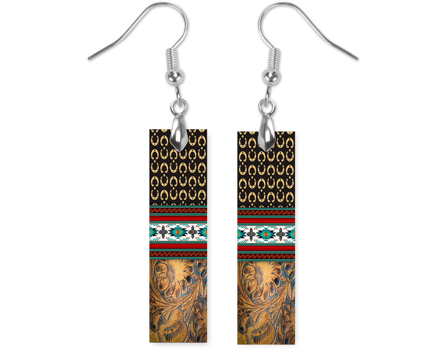 Western Aztec and Tooled Leather Print Bar Earrings, Printed Wood Dangle Earrings Hypoallergenic Jewelry Handmade