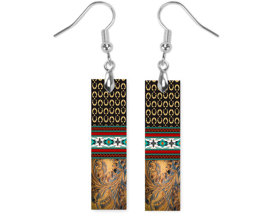 Western Aztec and Tooled Leather Print Bar Earrings, Printed Wood Dangle Earrings Hypoallergenic Jewelry Handmade