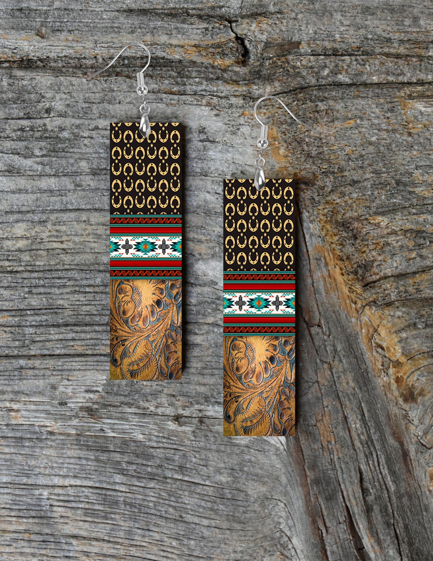 Western Aztec and Tooled Leather Print Bar Earrings, Printed Wood Dangle Earrings Hypoallergenic Jewelry Handmade