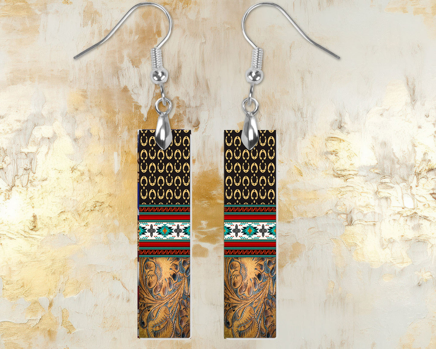 Western Aztec and Tooled Leather Print Bar Earrings, Printed Wood Dangle Earrings Hypoallergenic Jewelry Handmade