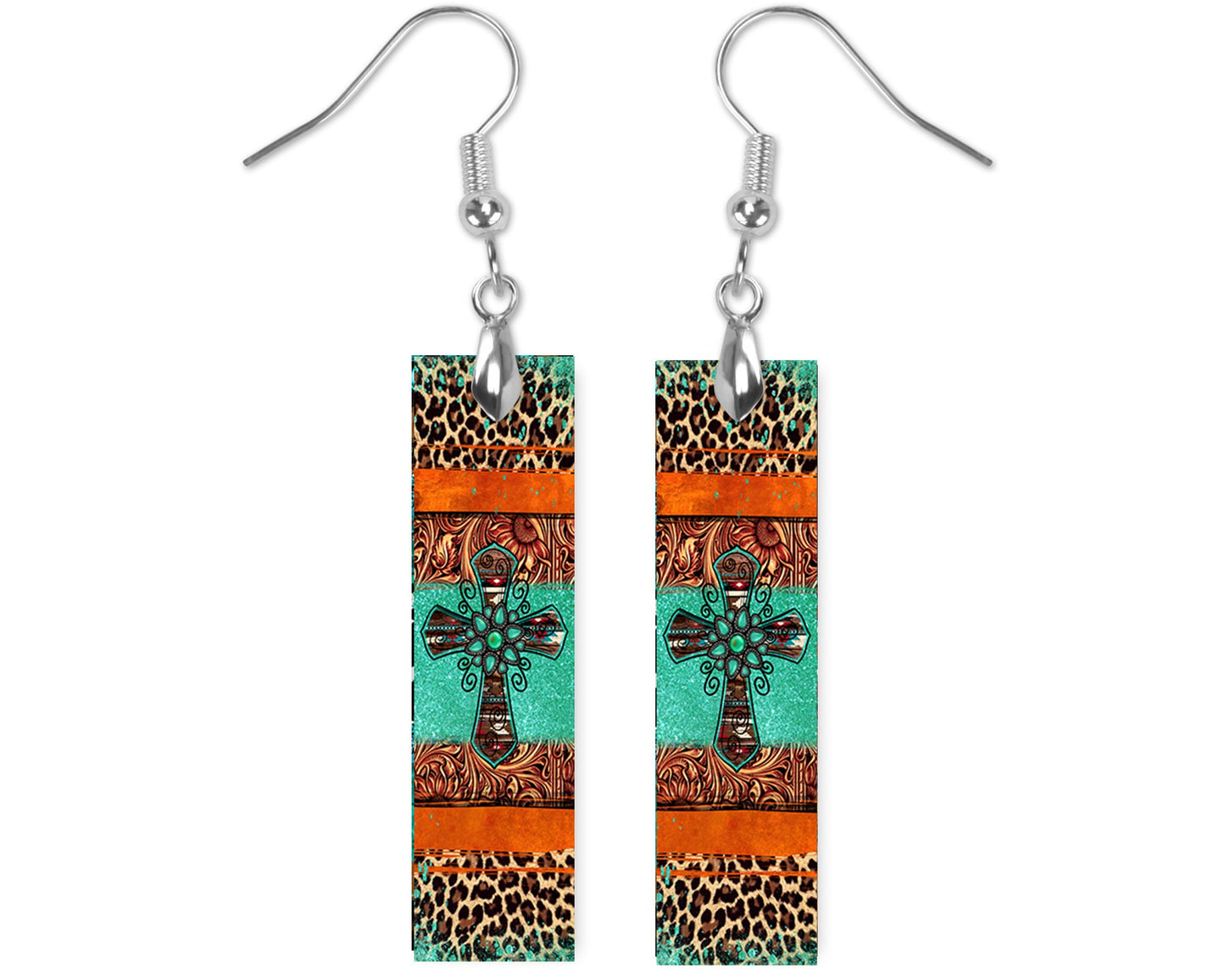 Western Cross and Leopard Print Bar Earrings, Printed Wood Dangle Earrings Hypoallergenic Jewelry Handmade