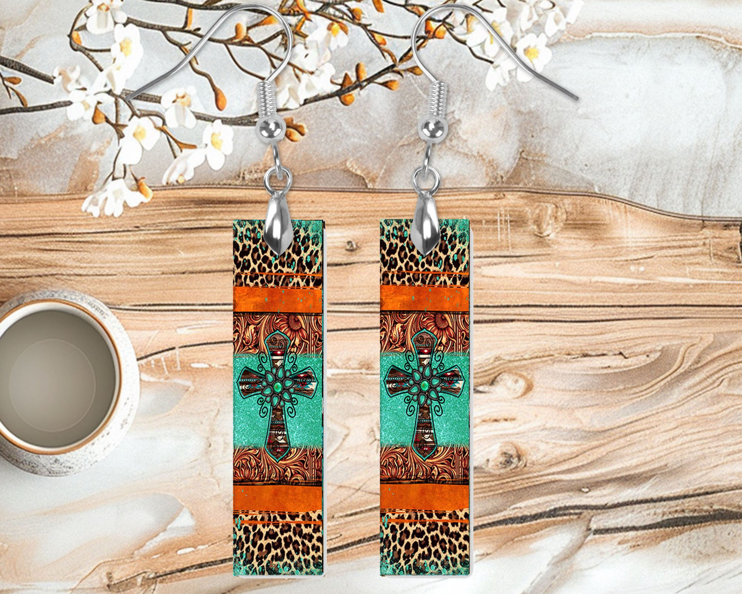 Western Cross and Leopard Print Bar Earrings, Printed Wood Dangle Earrings Hypoallergenic Jewelry Handmade