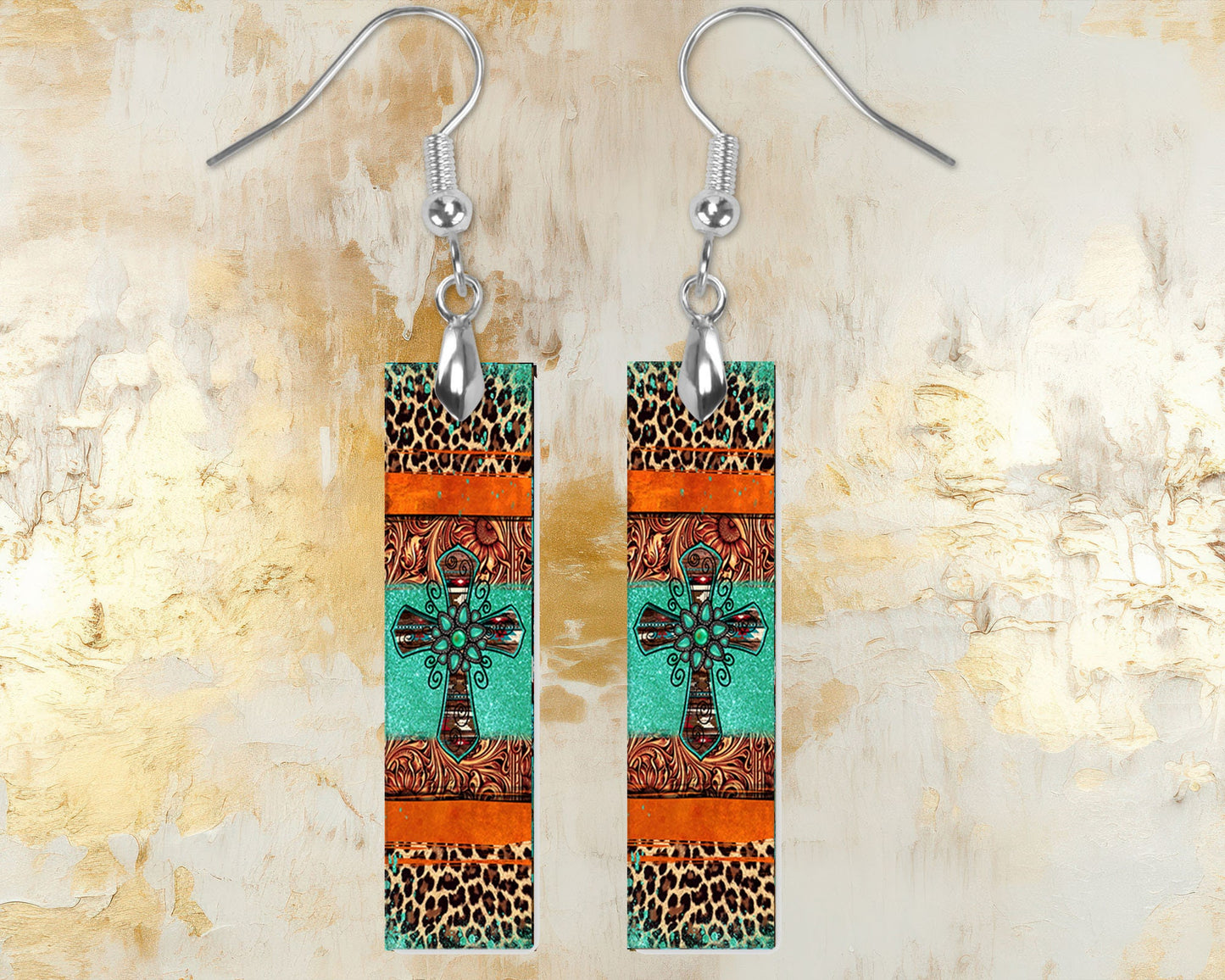 Western Cross and Leopard Print Bar Earrings, Printed Wood Dangle Earrings Hypoallergenic Jewelry Handmade