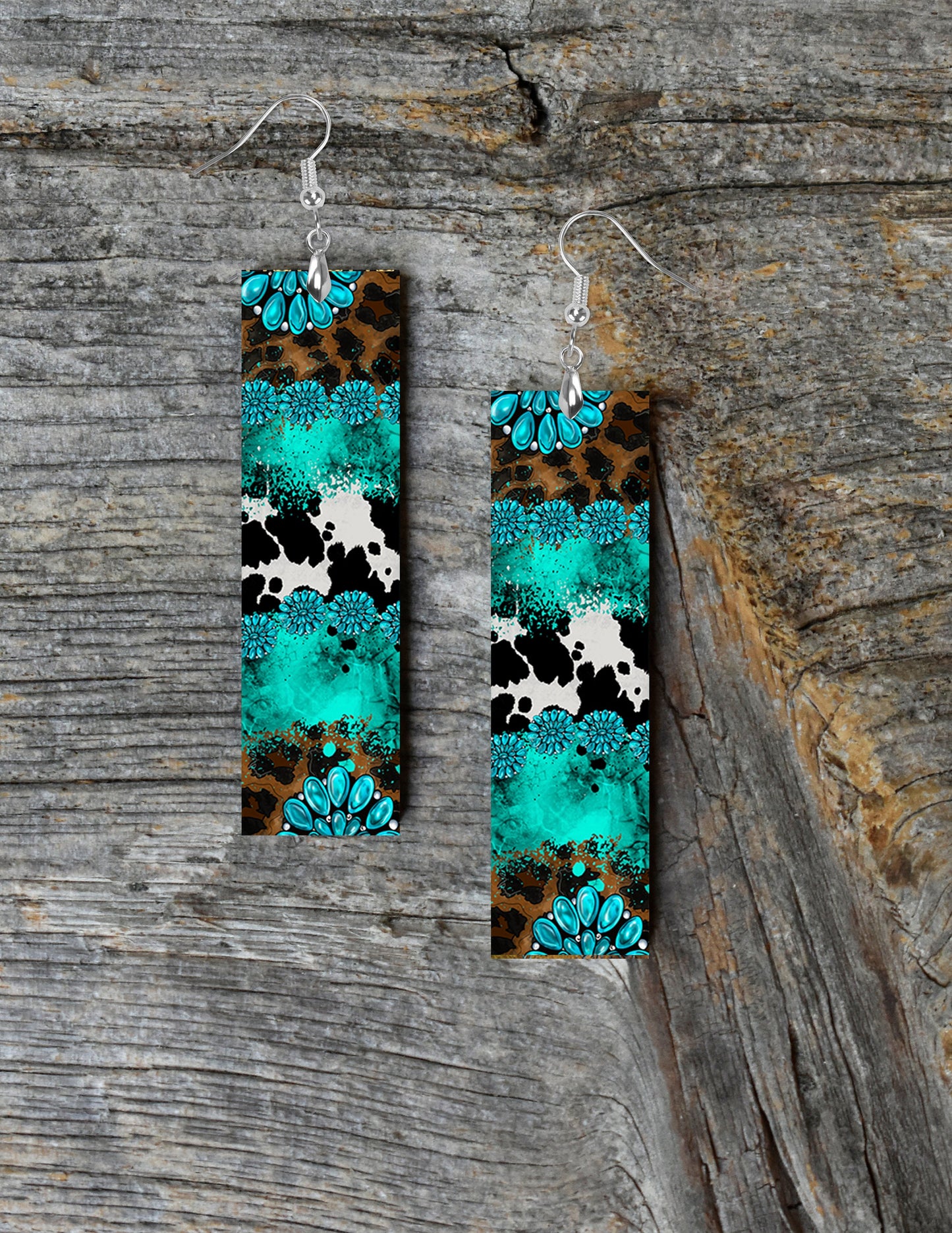 Western Cowhide and Turquoise Print Bar Earrings, Printed Wood Dangle Earrings Hypoallergenic Jewelry Handmade