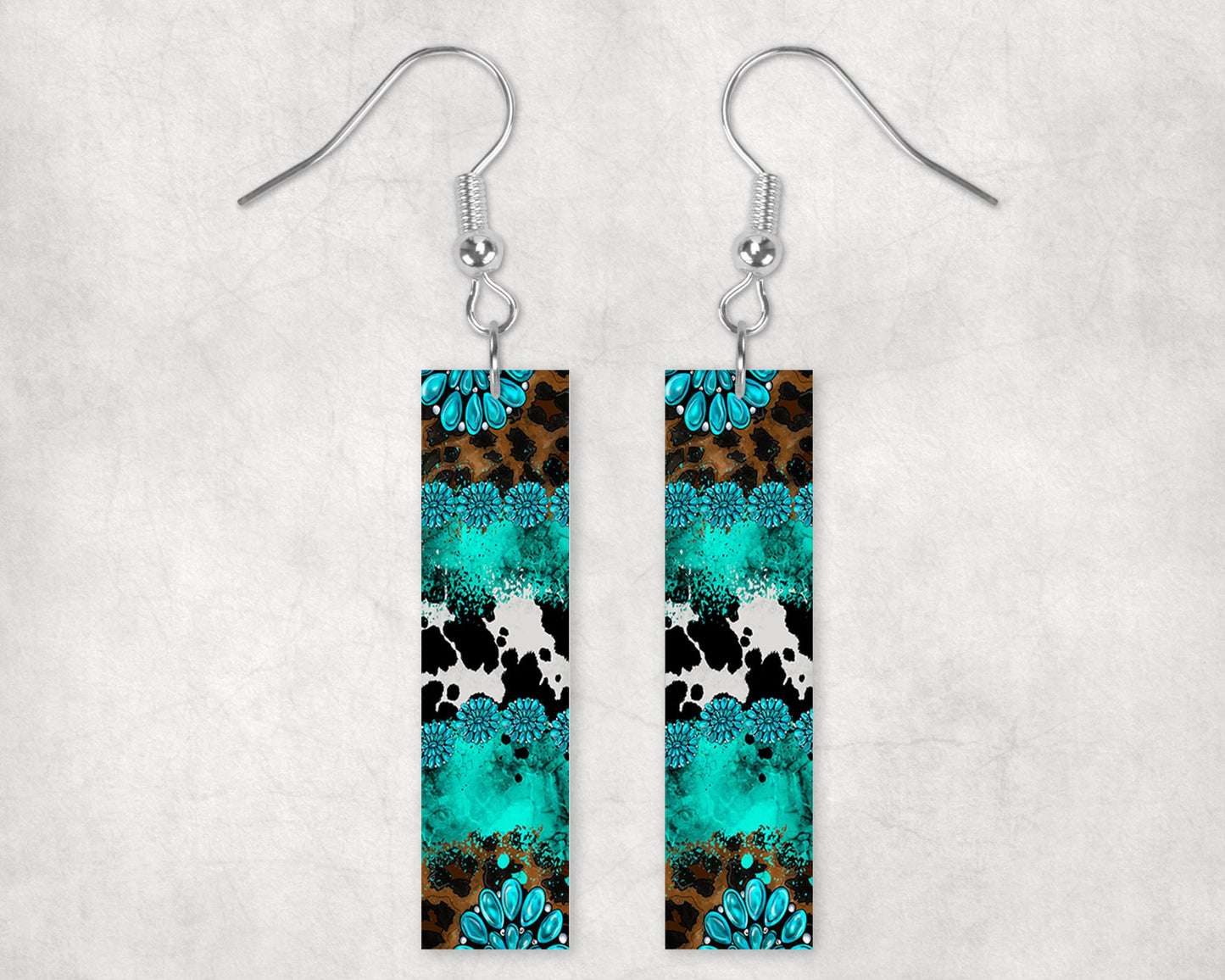 Western Cowhide and Turquoise Print Bar Earrings, Printed Wood Dangle Earrings Hypoallergenic Jewelry Handmade