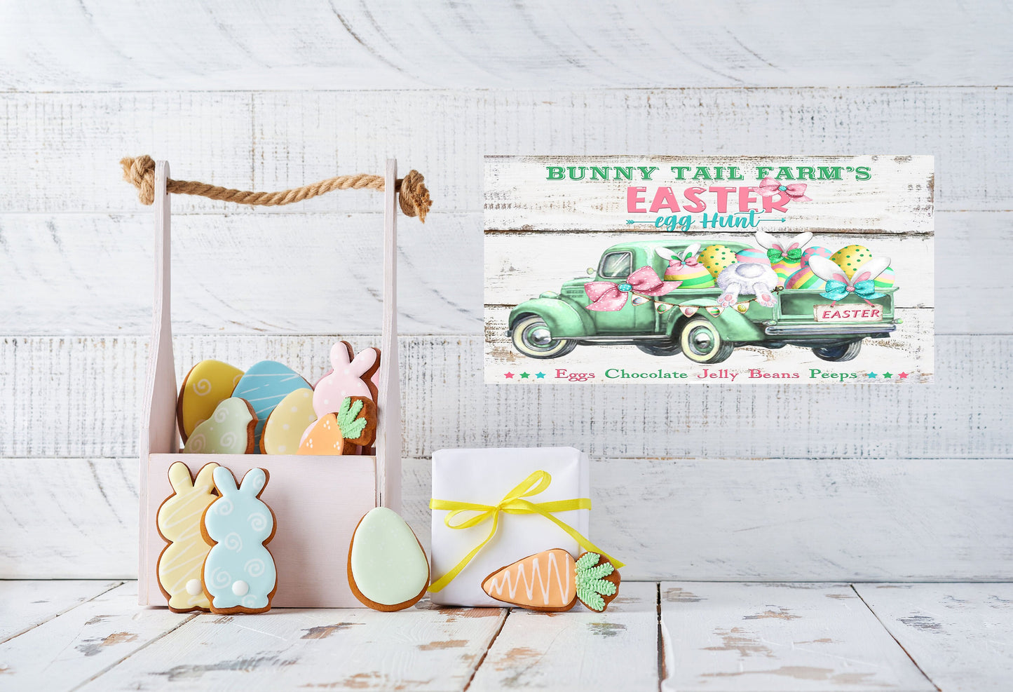 Easter Sign, Bunny Tail Farms Egg Hunt, Hanging Wall Sign Wood Home Decor, Wreath Sign, Door Hanger