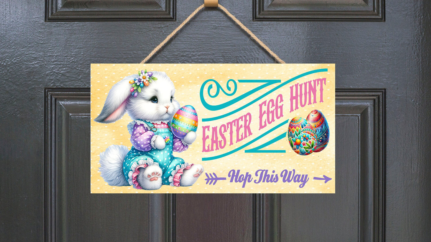 Easter Sign, Egg Hunt Hop this Way, Hanging Wall Sign Wood Home Decor, Wreath Sign, Door Hanger