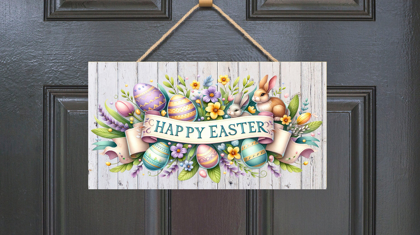 Easter Sign, Happy Easter Banner, Hanging Wall Sign Wood Home Decor, Wreath Sign, Door Hanger