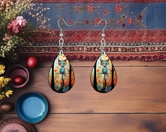 Funky Cat in Tree Earrings Print Tear Drop Wood Dangle Earrings Hypoallergenic Jewelry