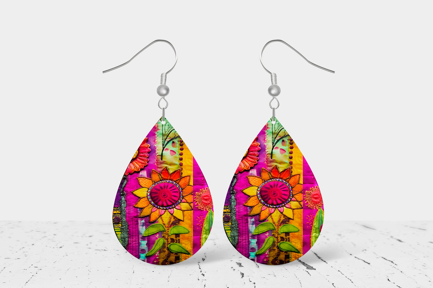 Gypsy Sunflower Earrings Print Tear Drop Wood Dangle Earrings Hypoallergenic Jewelry